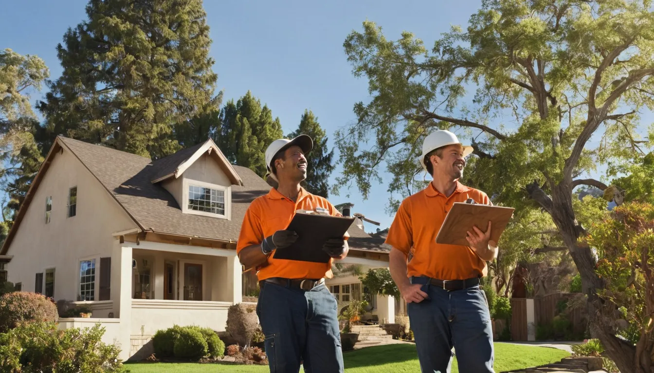 Friendly local tree removal provider and a homeowner reviewing a written estimate beside a large tree in a yard in Ogden